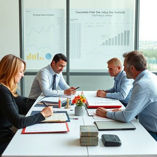 Un gruppo di persone che discutono attorno a un tavolo con documenti economici